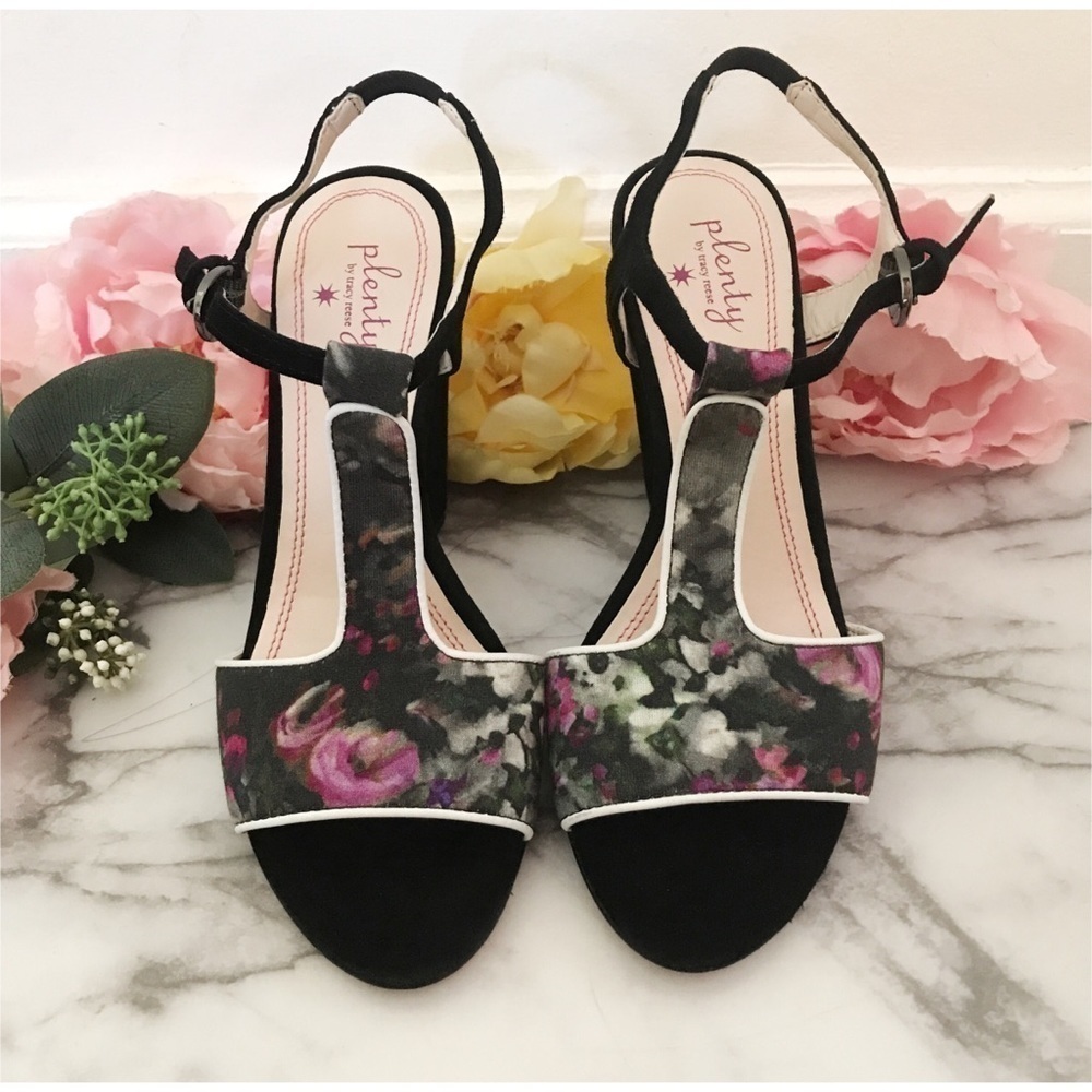 EUC Plenty by Tracy Reese Floral T-Strap Heels 7​​​​​​